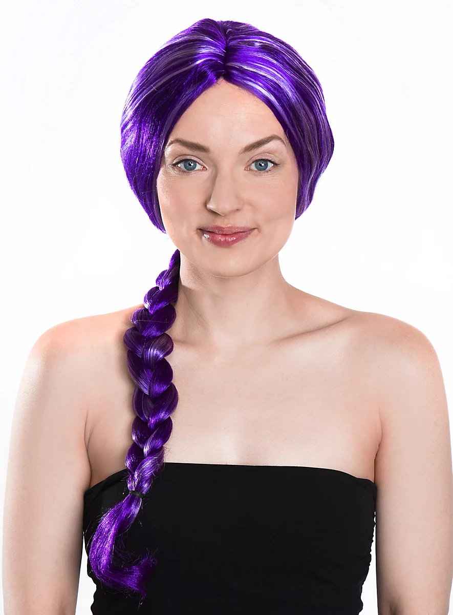 Perruque Cheveux Longs Lilas Avec Tresse Et Mèches Blanches – Image 2
