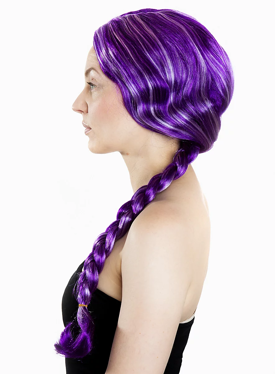 Perruque Cheveux Longs Lilas Avec Tresse Et Mèches Blanches – Image 3