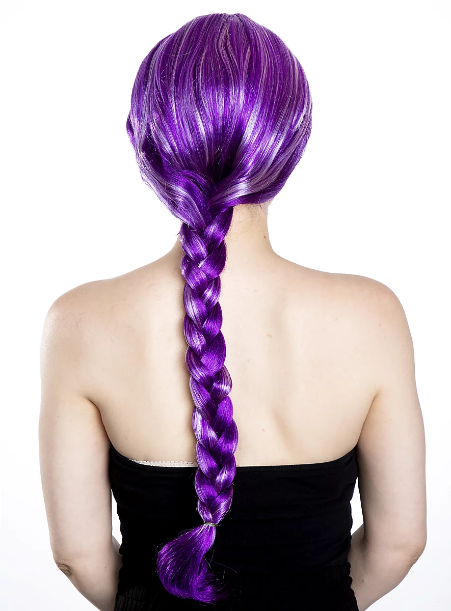 Perruque Cheveux Longs Lilas Avec Tresse Et Mèches Blanches – Image 4